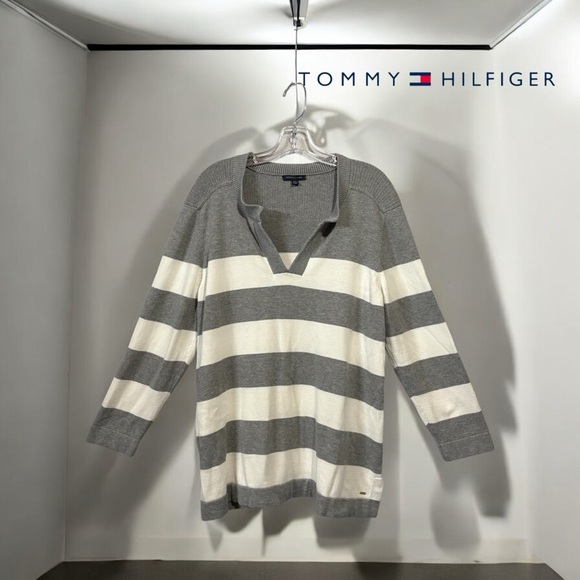 Tommy Hilfiger, Plus Size Striped Sweater, XXL, Gray & White - Picture 1 of 9